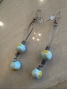 Handmade Light Blue and Yellow Bead Dangle Earrings